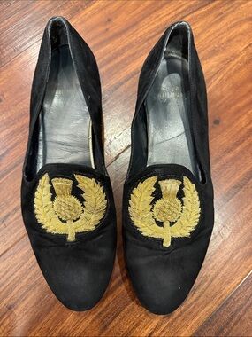 Stuart Weitzman Black Velvet Loafers with Gold Embroidered Crest